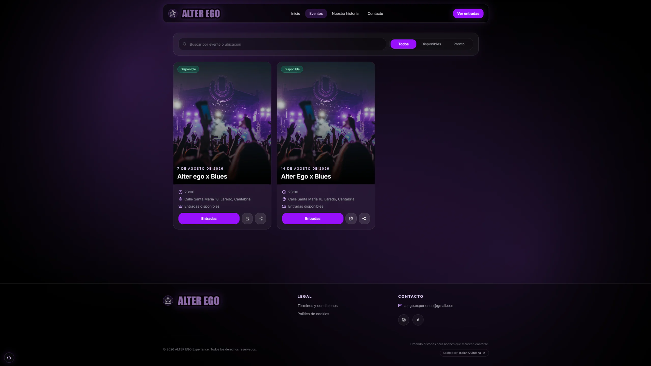 Listado de eventos de Alter Ego con búsqueda, filtros y venta de entradas