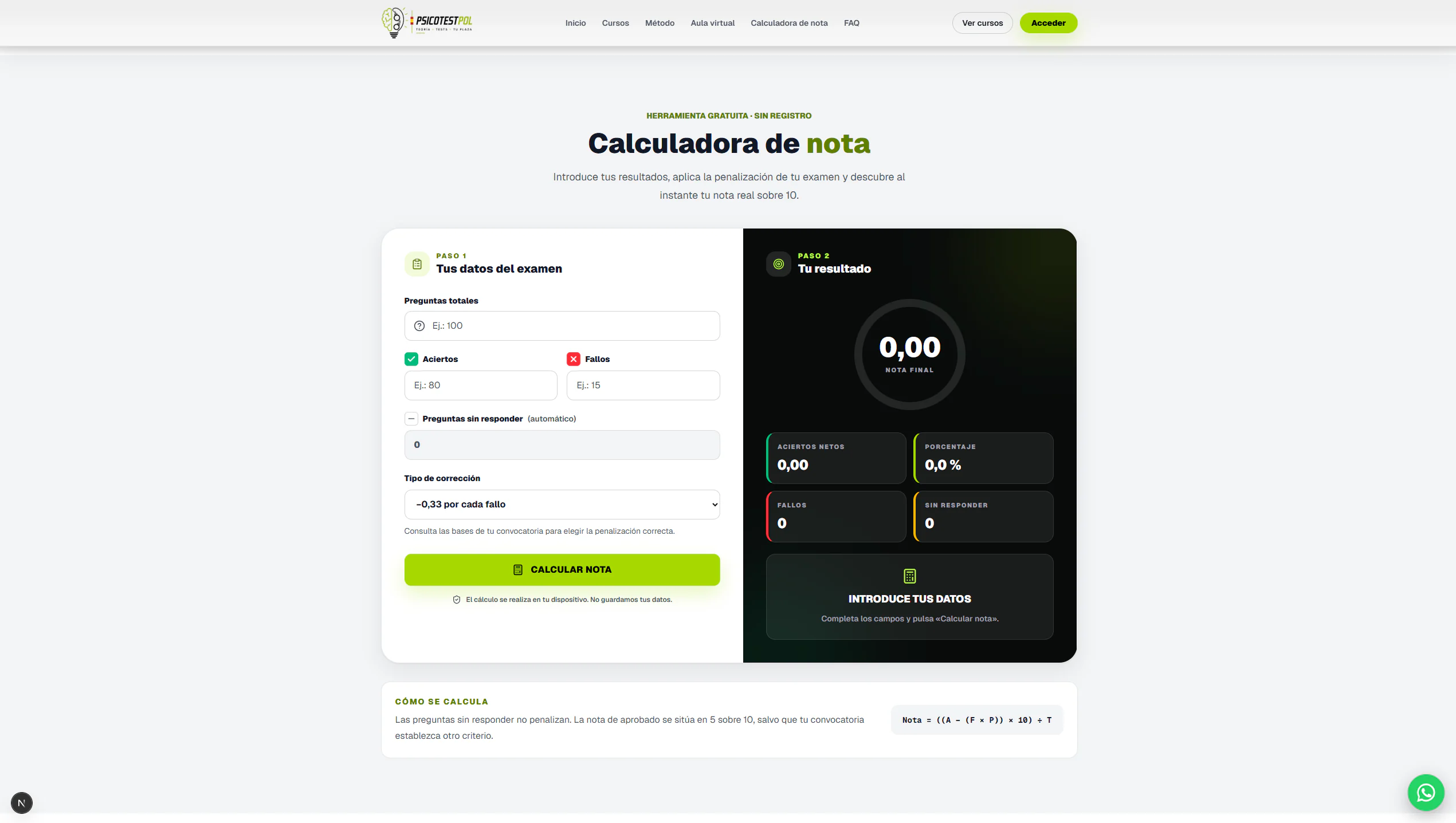 Calculadora de nota de Psicotestpol con formulario y desglose de resultados